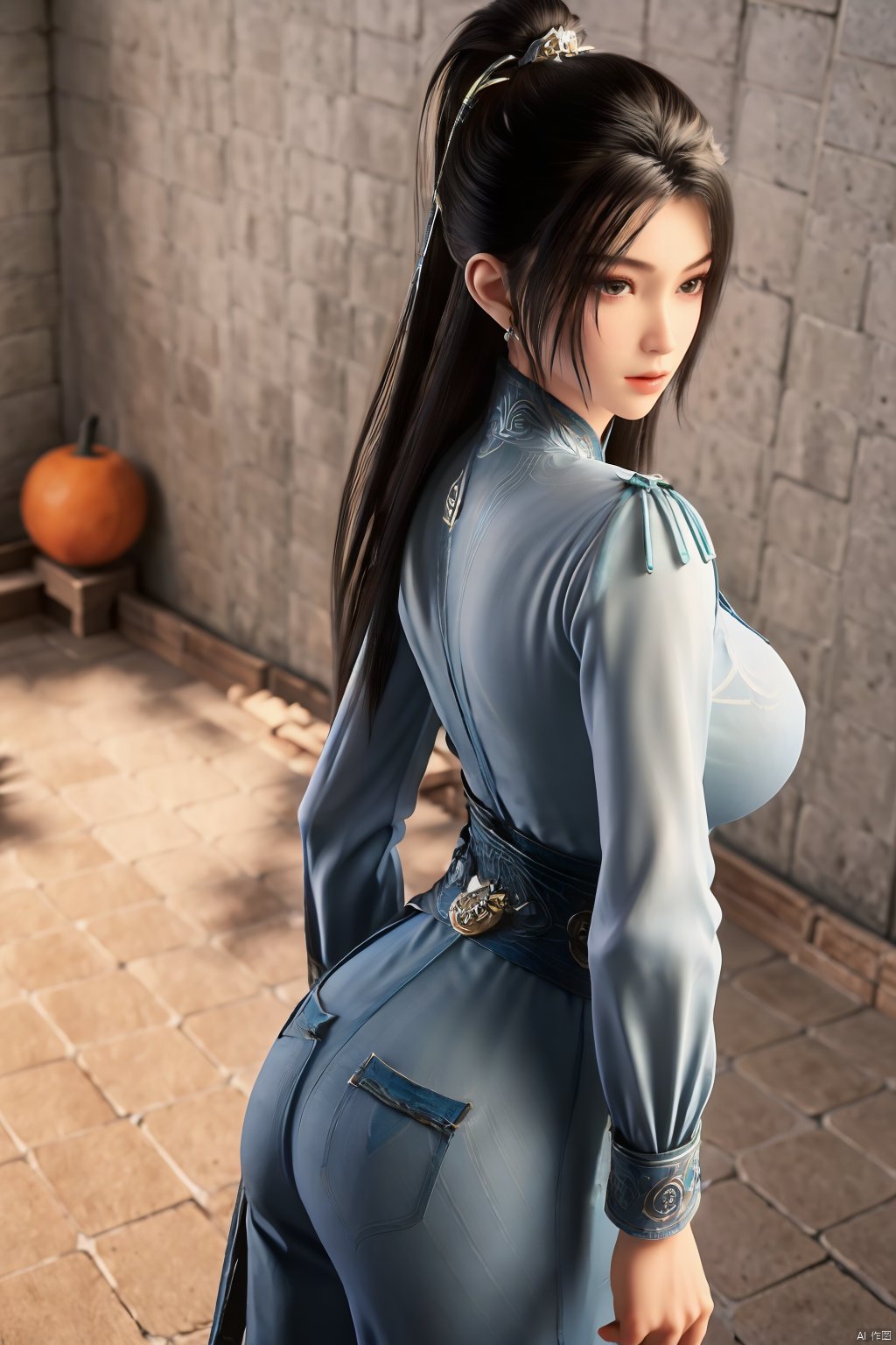 (masterpiece, best quality, highly detailed),1girl, jeans, long hair, , double bun, hair buns, long hair, , (big breasts:1.23),Xningyao,(Background of ancient Chinese tile-roofed courtyard and persimmon trees:1.29)