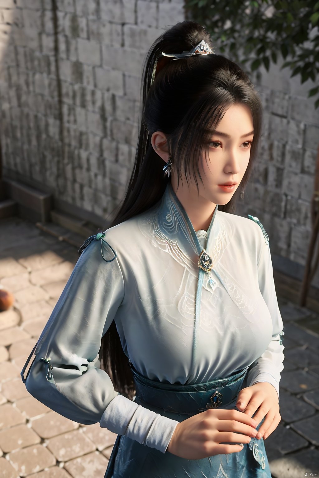 (masterpiece, best quality, highly detailed),1girl, jeans, long hair, , double bun, hair buns, long hair, , (big breasts:1.23),Xningyao,(Background of ancient Chinese tile-roofed courtyard and persimmon trees:1.29)