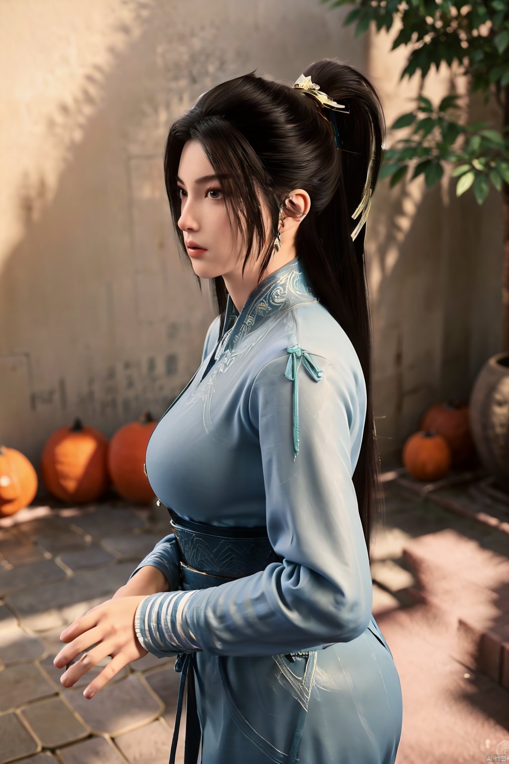 (masterpiece, best quality, highly detailed),1girl, jeans, long hair, , double bun, hair buns, long hair, , (big breasts:1.23),Xningyao,(Background of ancient Chinese tile-roofed courtyard and persimmon trees:1.29)