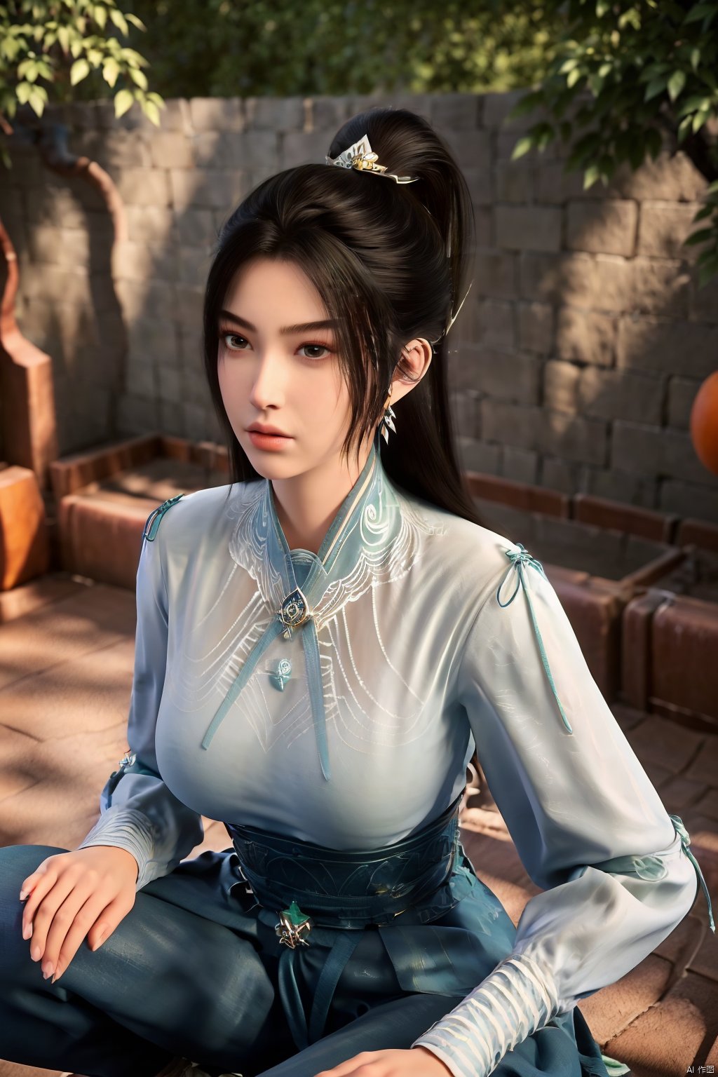 (masterpiece, best quality, highly detailed),1girl, jeans, long hair, , double bun, hair buns, long hair, , (big breasts:1.23),Xningyao,(Background of ancient Chinese tile-roofed courtyard and persimmon trees:1.29)