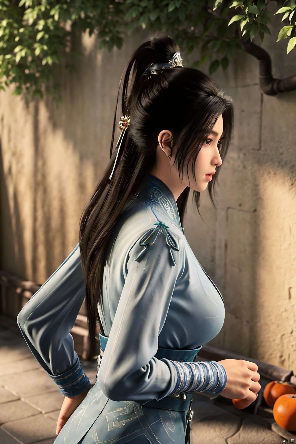 (masterpiece, best quality, highly detailed),1girl, jeans, long hair, , double bun, hair buns, long hair, , (big breasts:1.23),Xningyao,(Background of ancient Chinese tile-roofed courtyard and persimmon trees:1.29)