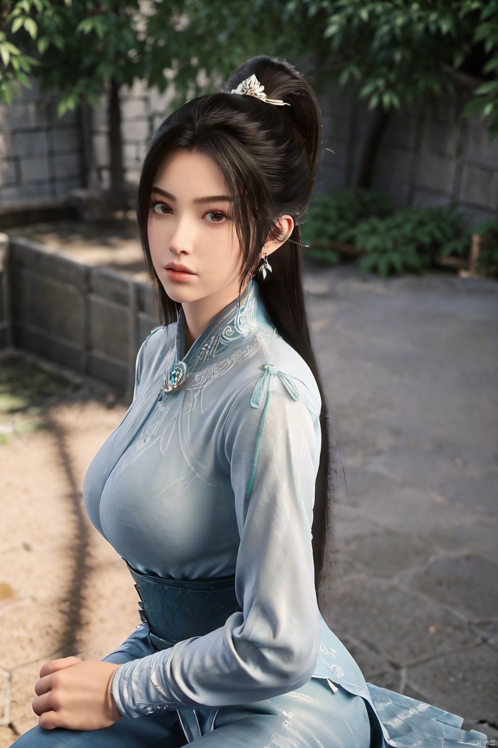 (masterpiece, best quality, highly detailed),1girl, jeans, long hair, , double bun, hair buns, long hair, , (big breasts:1.23),Xningyao,(Background of ancient Chinese tile-roofed courtyard and persimmon trees:1.29)