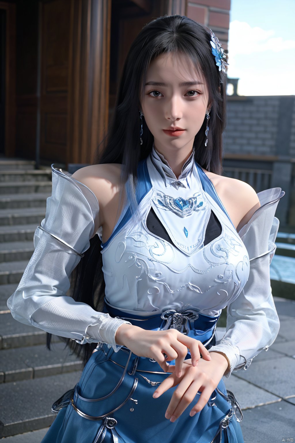 3D,masterpiece,(best quality),official art, extremely detailed cg 8k wallpaper,((crystalstexture skin)), (extremely delicate and beautiful),(highly detailed),(1girl), (solo), (jewelry), (breasts), (earrings), (hair),(hair_ornament),(handwear),  (long_hair), (medium_breasts), (clothes),(dress),(skirt),boots,(long_sleeves) ,((upper body)), (wings), (butterfly_wings),(whole body),(sunshine, outdoor,),((looking_at_viewer)),((Facing the camera)),,   (big breasts:1.59),Xningxiaodie