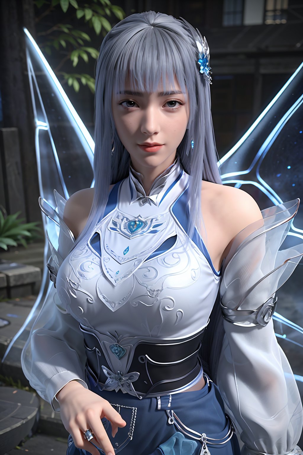 3D,masterpiece,(best quality),official art, extremely detailed cg 8k wallpaper,((crystalstexture skin)), (extremely delicate and beautiful),(highly detailed),(1girl), (solo), (jewelry), (breasts), (earrings), (hair),(hair_ornament),(handwear),  (long_hair), (medium_breasts), (clothes),(dress),(skirt),boots,(long_sleeves) ,((upper body)), (wings), (butterfly_wings),(whole body),(sunshine, outdoor,),((looking_at_viewer)),((Facing the camera)),,   (big breasts:1.59),Xningxiaodie