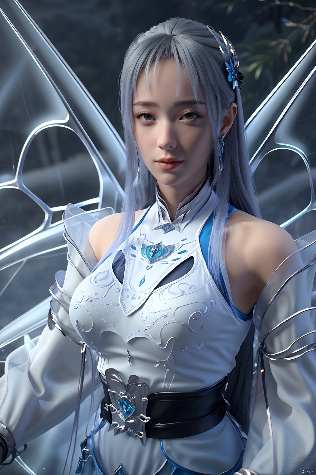 3D,masterpiece,(best quality),official art, extremely detailed cg 8k wallpaper,((crystalstexture skin)), (extremely delicate and beautiful),(highly detailed),(1girl), (solo), (jewelry), (breasts), (earrings), (hair),(hair_ornament),(handwear),  (long_hair), (medium_breasts), (clothes),(dress),(skirt),boots,(long_sleeves) ,((upper body)), (wings), (butterfly_wings),(whole body),(sunshine, outdoor,),((looking_at_viewer)),((Facing the camera)),,   (big breasts:1.59),Xningxiaodie