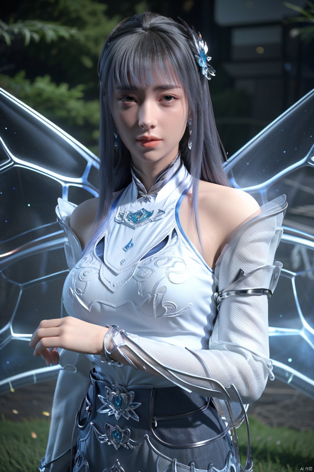 3D,masterpiece,(best quality),official art, extremely detailed cg 8k wallpaper,((crystalstexture skin)), (extremely delicate and beautiful),(highly detailed),(1girl), (solo), (jewelry), (breasts), (earrings), (hair),(hair_ornament),(handwear),  (long_hair), (medium_breasts), (clothes),(dress),(skirt),boots,(long_sleeves) ,((upper body)), (wings), (butterfly_wings),(whole body),(sunshine, outdoor,),((looking_at_viewer)),((Facing the camera)),,   (big breasts:1.59),Xningxiaodie