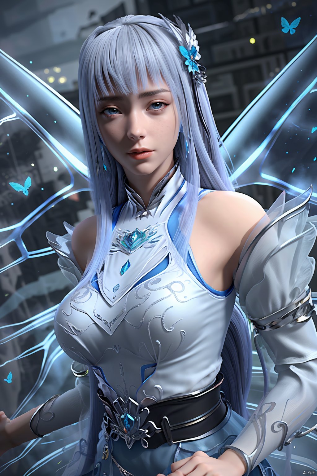 3D,masterpiece,(best quality),official art, extremely detailed cg 8k wallpaper,((crystalstexture skin)), (extremely delicate and beautiful),(highly detailed),(1girl), (solo), (jewelry), (breasts), (earrings), (hair),(hair_ornament),(handwear),  (long_hair), (medium_breasts), (clothes),(dress),(skirt),boots,(long_sleeves) ,((upper body)), (wings), (butterfly_wings),(whole body),(sunshine, outdoor,),((looking_at_viewer)),((Facing the camera)),,   (big breasts:1.59),Xningxiaodie