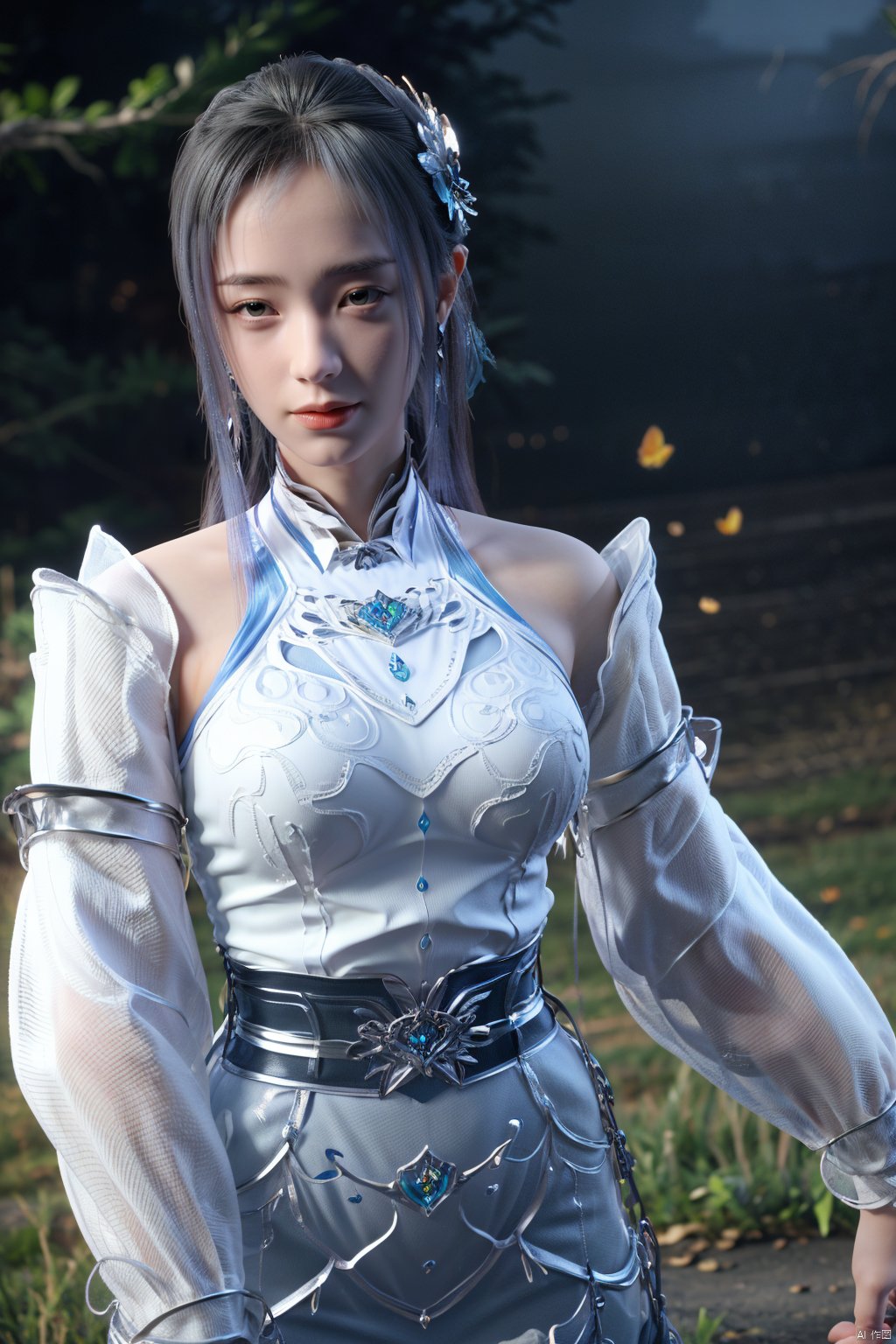 3D,masterpiece,(best quality),official art, extremely detailed cg 8k wallpaper,((crystalstexture skin)), (extremely delicate and beautiful),(highly detailed),(1girl), (solo), (jewelry), (breasts), (earrings), (hair),(hair_ornament),(handwear),  (long_hair), (medium_breasts), (clothes),(dress),(skirt),boots,(long_sleeves) ,((upper body)), (wings), (butterfly_wings),(whole body),(sunshine, outdoor,),((looking_at_viewer)),((Facing the camera)),,   (big breasts:1.59),Xningxiaodie