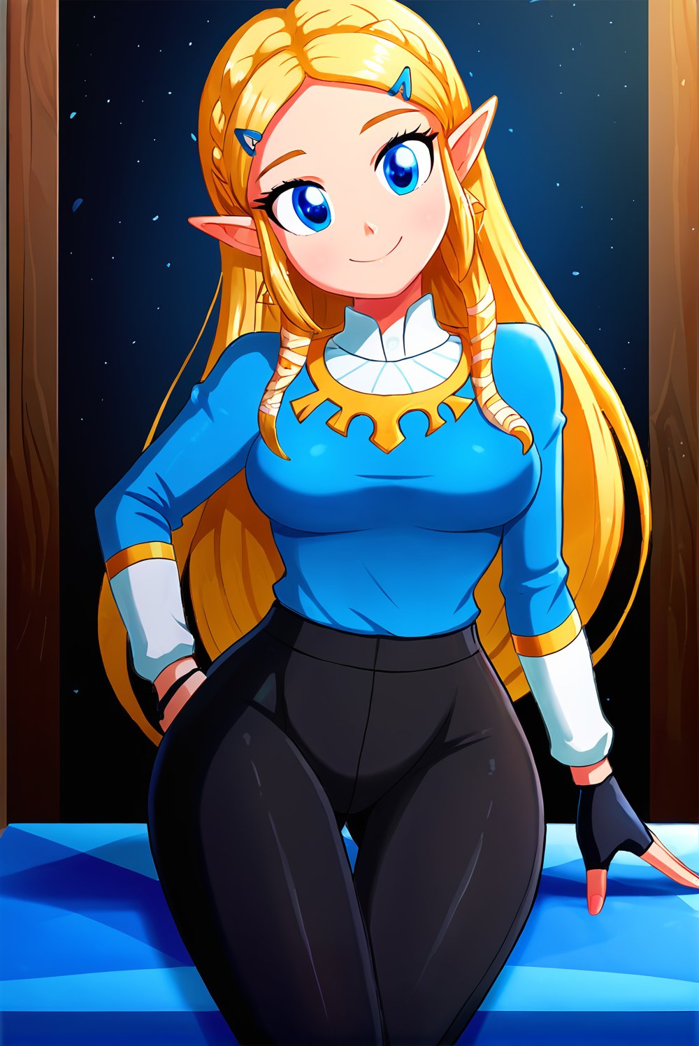 score_9_up, score_8_up, score_7_up, source_anime, 1girl,beautiful detailed eyes, ((masterpiece,best quality)), absurdres, solo, princess zelda, long hair, braided_hair, hairclip, pointy ears, blue shirt, long sleeves, fingerless gloves, black gloves, black pants, tight pants, smile, curvy, head tilt