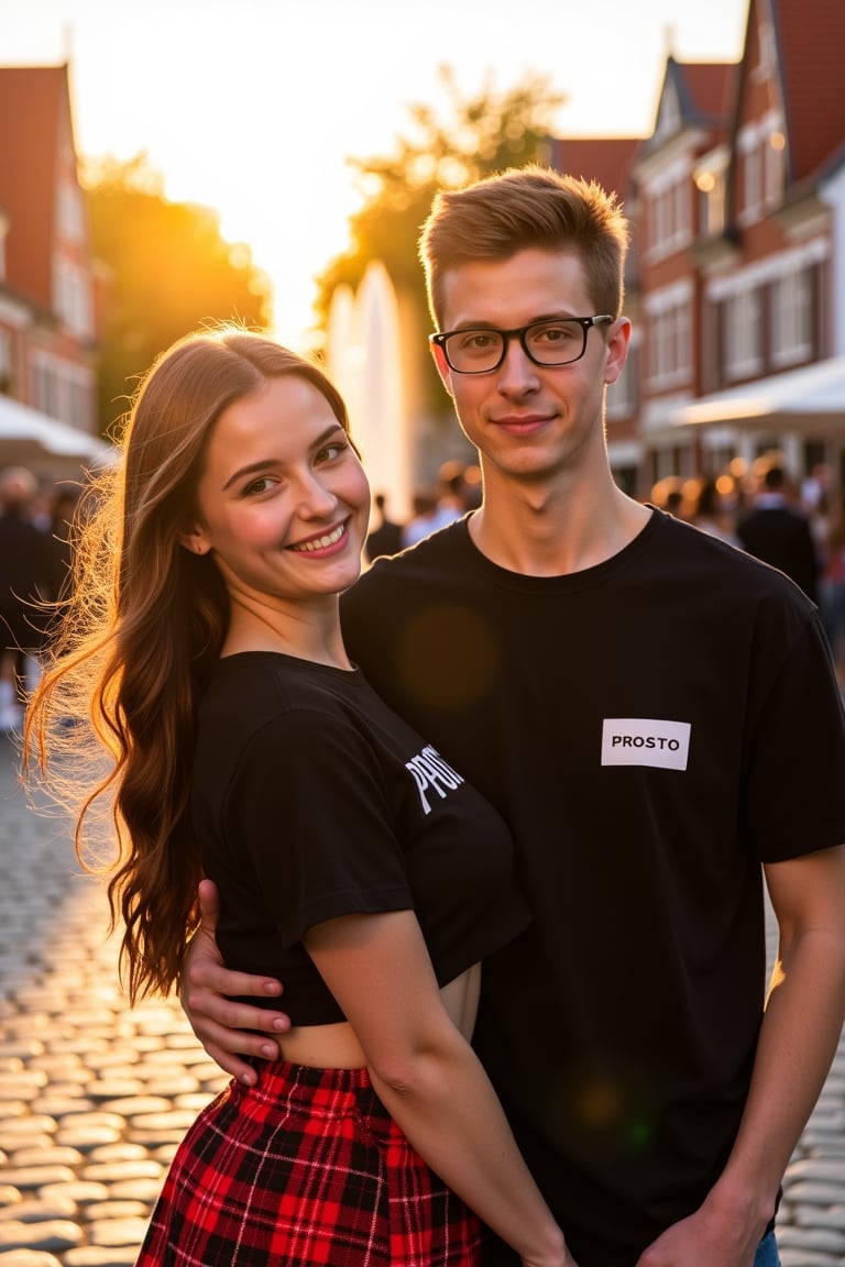 close-up shot, photorealism, photography of a beautiful riley reid and her boyfriend, standing on a cobblestone street, sunset, lens flare, girl wearing red tartan skirt and black crop top with  text "PROSTO" written on it ,  girl is smiling warmly, outdoors, autumn foliage, traditional houses, fountain, vibrant colors, detailed, photorealistic, looking at viewer, wind, hair flowing over, crowded, cinematic lighting,young  guy has short brown hair and glasses and satisfied expression , his black shirt has small white rectangle with  text "PROSTO" written on it , 