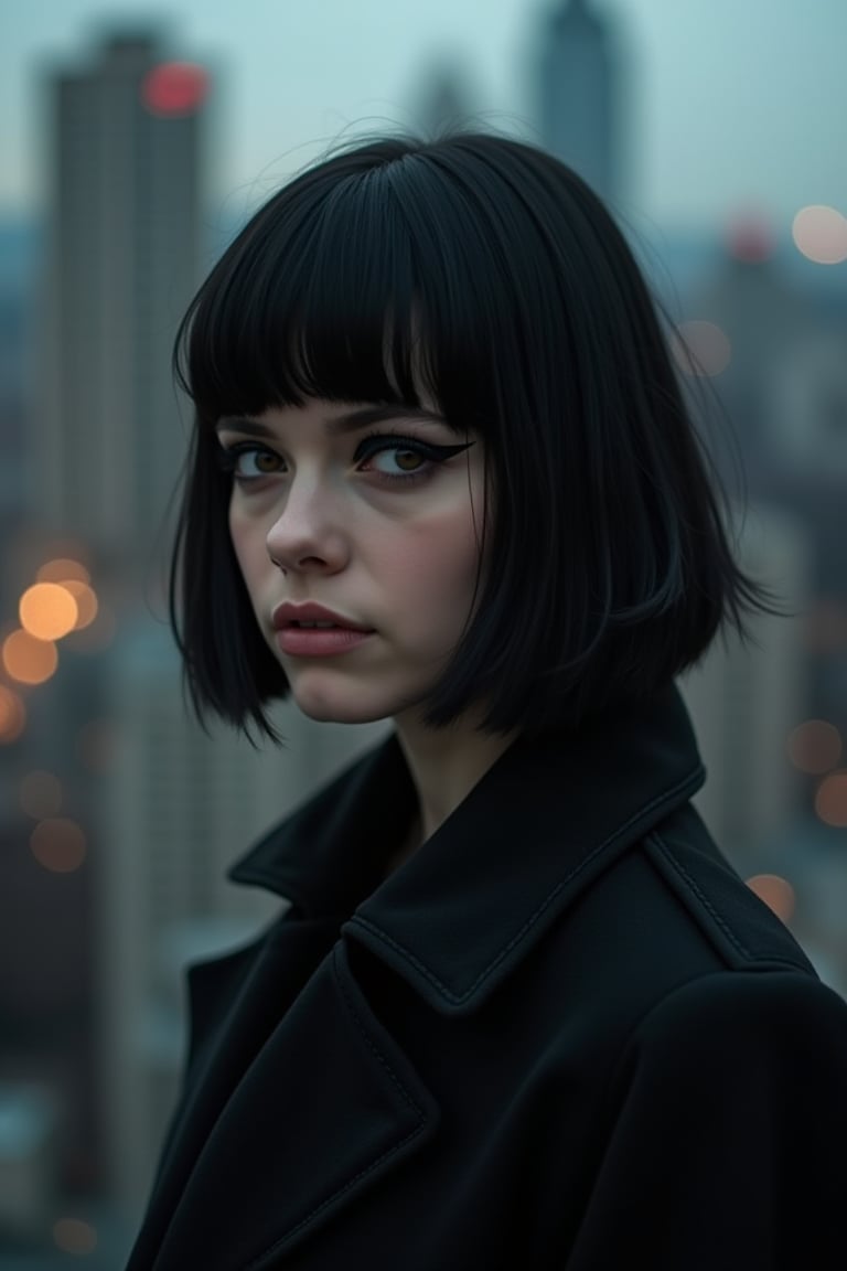 goth girl,A young woman with a striking black bob and dark eyeliner, posing in front of a blurred cityscape background with an air of mystery surrounding her, hdr, depth of field, portrait, macro shot