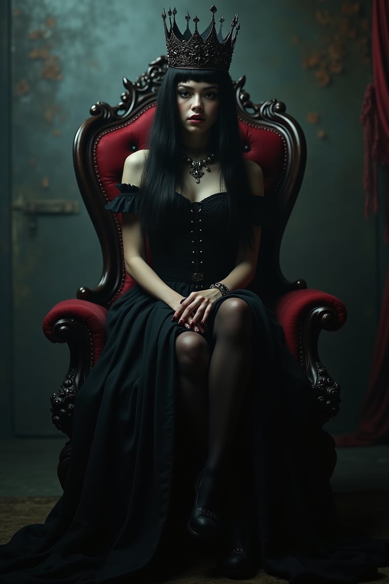 goth girl,A young woman with a striking black crown and a regal demeanor, sitting on a throne-like chair with a hint of darkness and mystery surrounding her