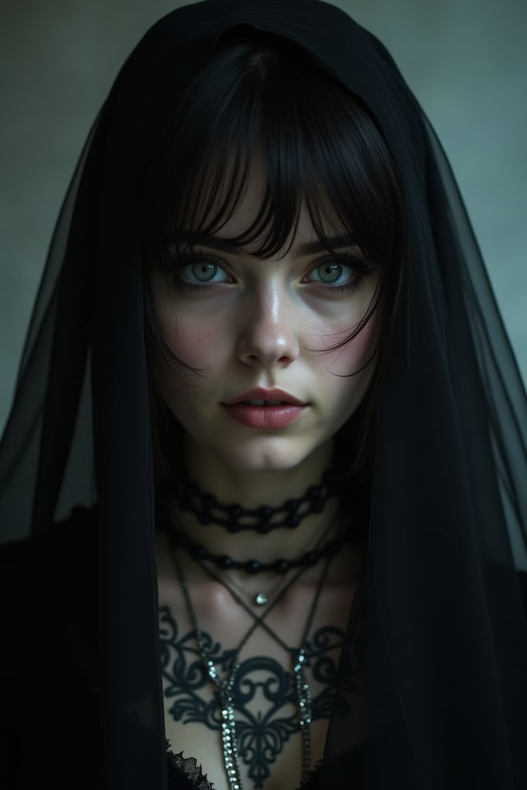 goth girl ,a young woman with a mysterious black veil and a silver choker, looking directly at the camera with an air of mystery and intrigue