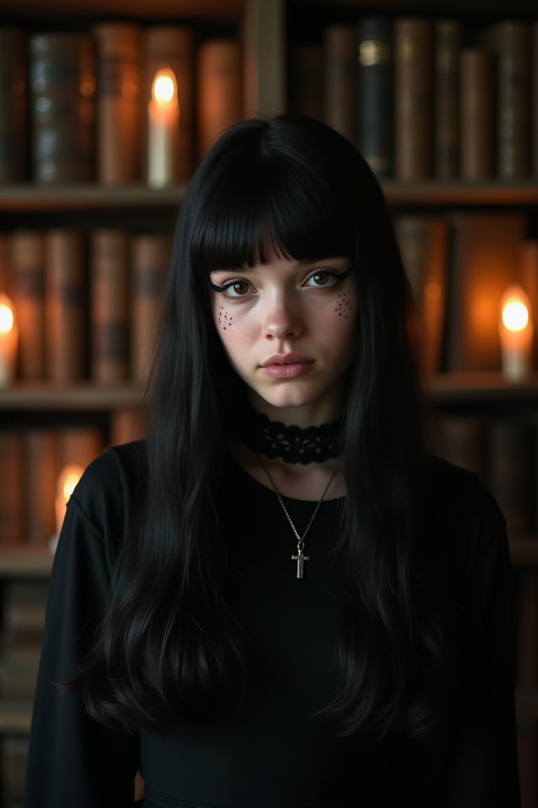 goth girl,A teenage goth girl with long black hair and dark eyeliner, posing against a dimly lit backdrop of old books and candles