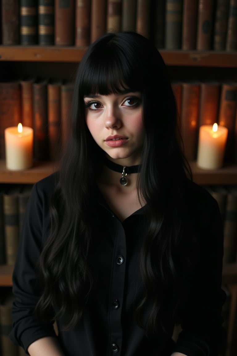 goth girl,A teenage goth girl with long black hair and dark eyeliner, posing against a dimly lit backdrop of old books and candles