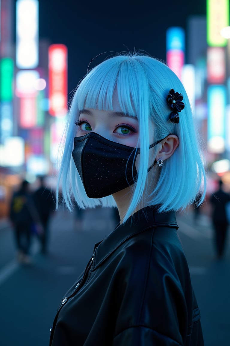 goth girl ,goth_punk, 1girl, solo, medium shot, walking in harajuku, ((night time)), bokeh, neon light, iridescent eyes, starry sky, white shimmer hair, white eyebrow, glowing hair, (iridescent white hair), earrings, bangs, jewelry, mask, blunt bangs, green eyes, mouth mask, blurry background, blurry, hair ornament, looking at viewer, short hair, portrait, sidelocks, 