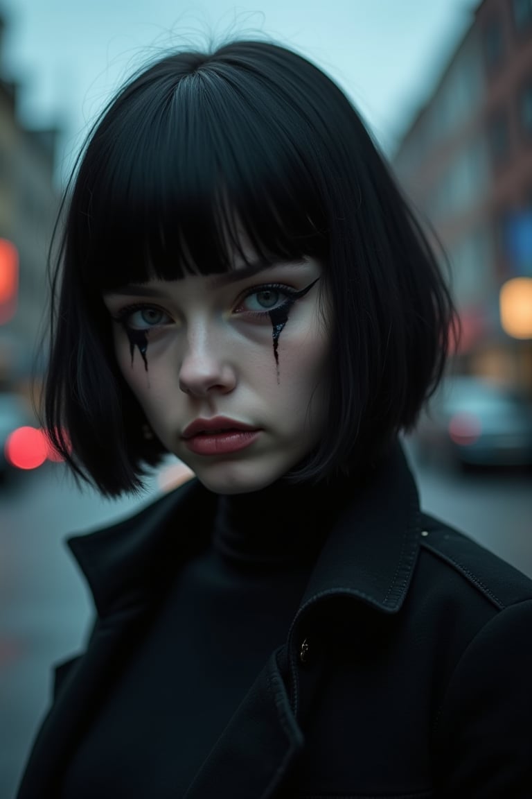 goth girl,A young woman with a striking black bob and dark eyeliner, posing in front of a blurred cityscape background with an air of mystery surrounding her, hdr, depth of field, portrait, macro shot