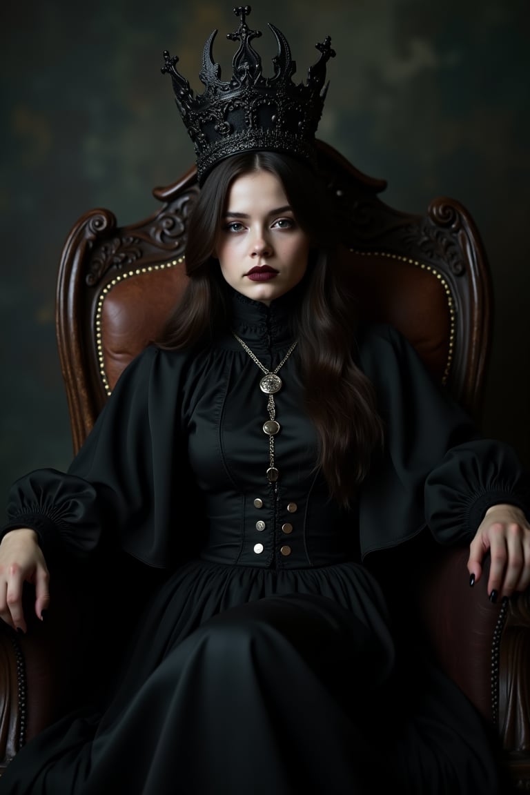 goth girl,A young woman with a striking black crown and a regal demeanor, sitting on a throne-like chair with a hint of darkness and mystery surrounding her