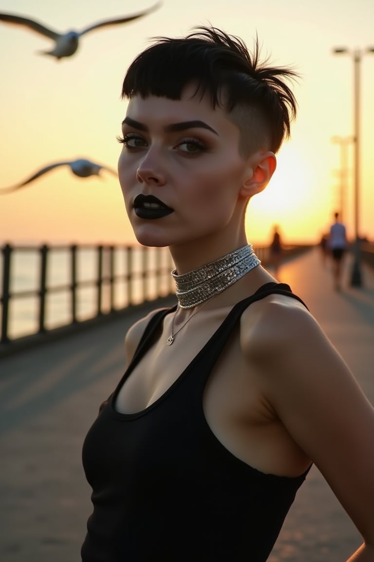  A young woman with a striking black pixie cut and silver chokers, posing on a run-down pier at sunset, surrounded by seagulls flying overhead,goth girl, makeup, black lips,sleeveless shirt