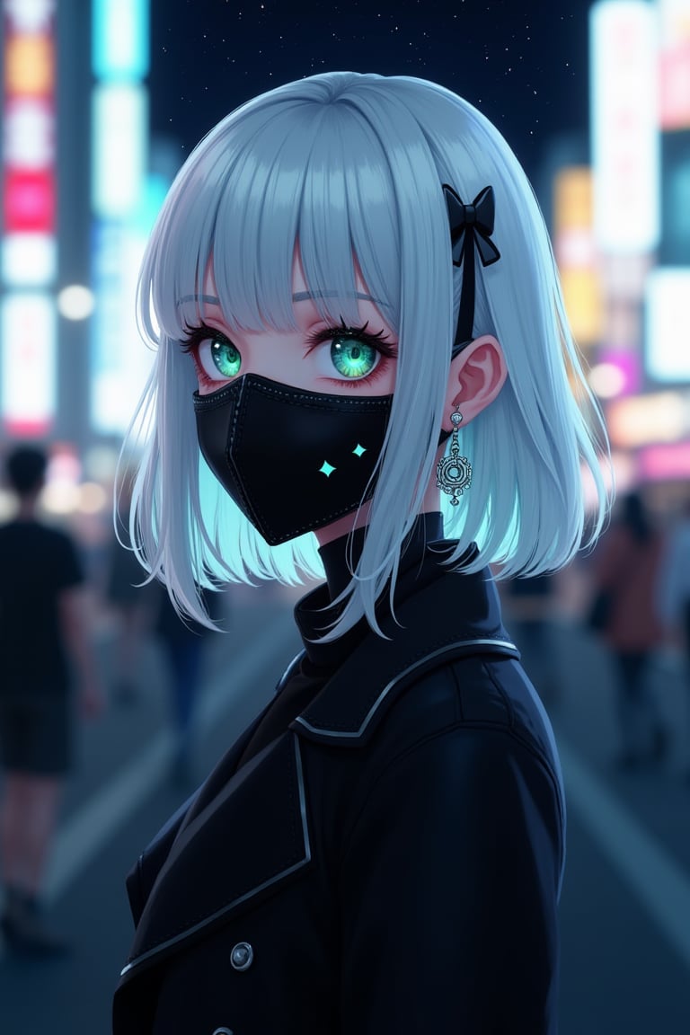 goth girl ,goth_punk, 1girl, solo, medium shot, walking in harajuku, ((night time)), bokeh, neon light, iridescent eyes, starry sky, white shimmer hair, white eyebrow, glowing hair, (iridescent white hair), earrings, bangs, jewelry, mask, blunt bangs, green eyes, mouth mask, blurry background, blurry, hair ornament, looking at viewer, short hair, portrait, sidelocks, 