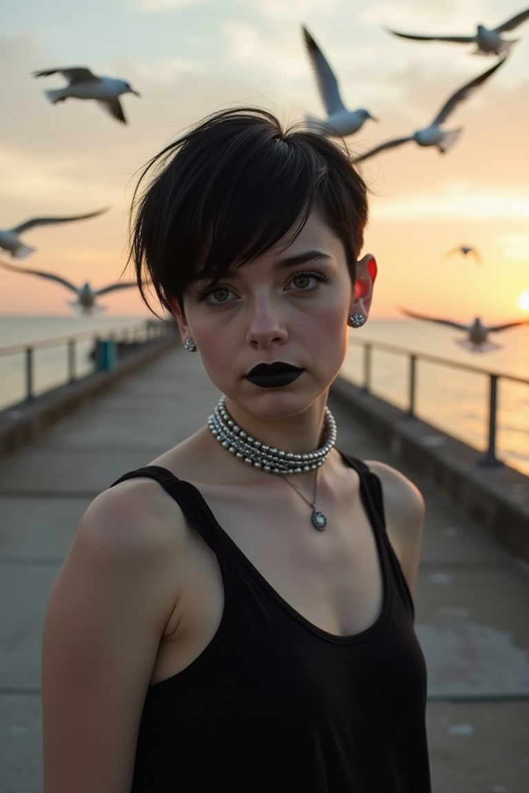  A young woman with a striking black pixie cut and silver chokers, posing on a run-down pier at sunset, surrounded by seagulls flying overhead,goth girl, makeup, black lips,sleeveless shirt