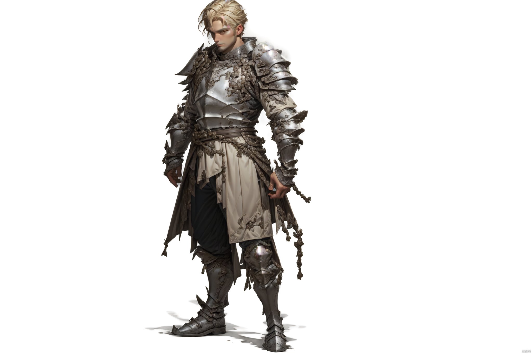 solo, looking at viewer, blonde hair, simple background, 1boy, white background, closed mouth, standing, full body, male focus, boots, belt, pants, armor, shoulder armor, pauldrons, breastplate, arms at sides, armored boots, greaves