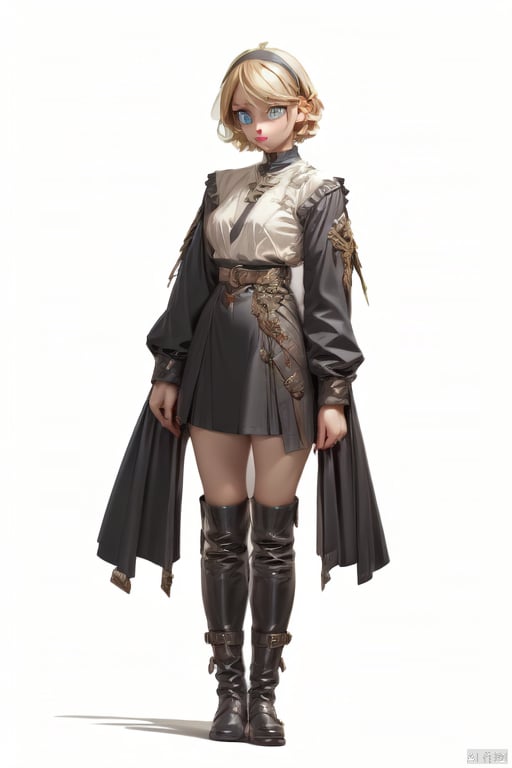 1girl, solo, looking at viewer, short hair, blue eyes, skirt, blonde hair, simple background, shirt, long sleeves, white background, closed mouth, standing, full body, white shirt, hairband, boots, belt, black skirt, black footwear, lips, knee boots, arms at sides