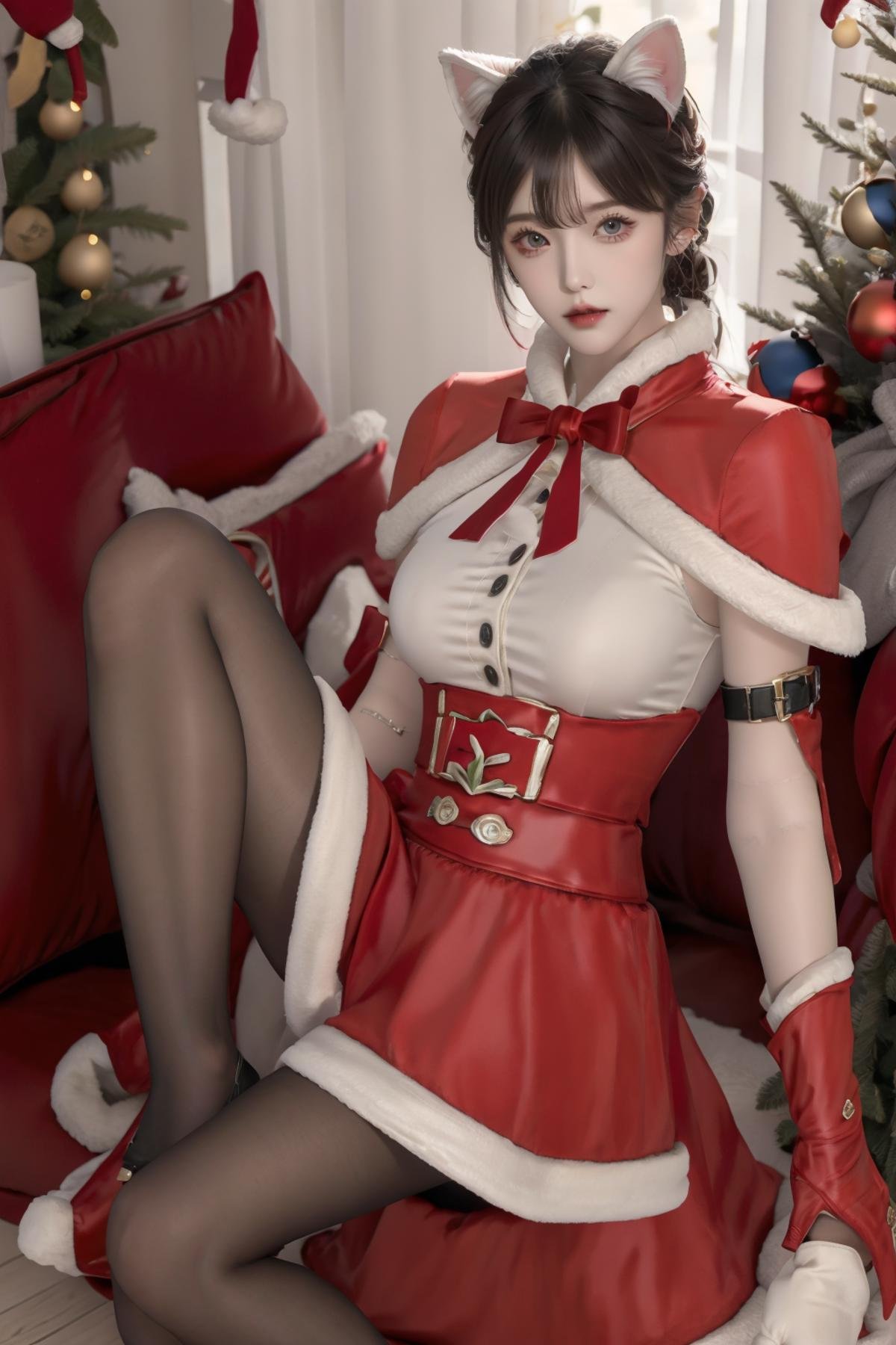 masterpiece,ultra detailed,1 girl,full body,solo,realistic,<lora:7mix2:0.7>,7mix2,<lora:Christmas oufit-000007:0.7>,Christmas oufit,capelet,cat ears,gloves,thick thighs,pantyhose,