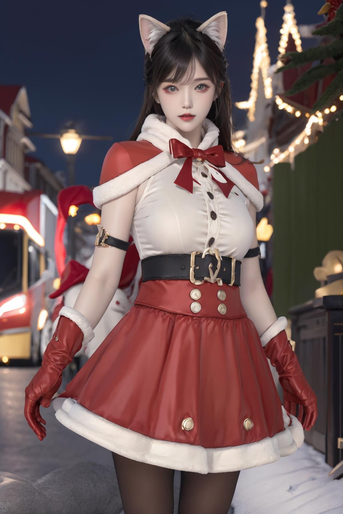 masterpiece,ultra detailed,1 female,solo,realistic,<lora:7mix2:0.7>,7mix2,<lora:Christmas oufit-000005:0.7>,Christmas oufit,cat ears,neck bell,gloves,pantyhose,outdoors,