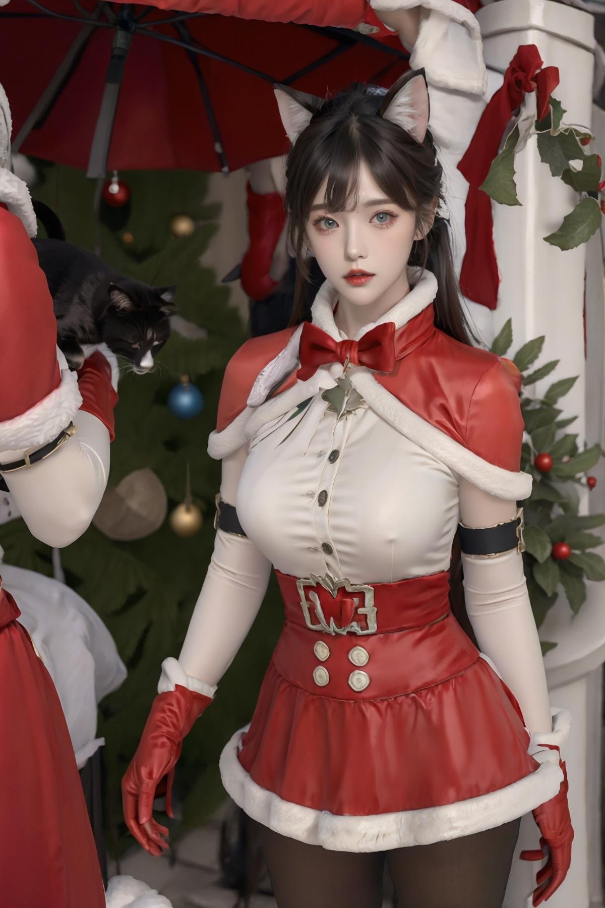 masterpiece,ultra detailed,1 female,solo,realistic,<lora:7mix2:0.7>,7mix2,<lora:Christmas oufit:0.7>,Christmas oufit,cat ears,neck bell,gloves,pantyhose,