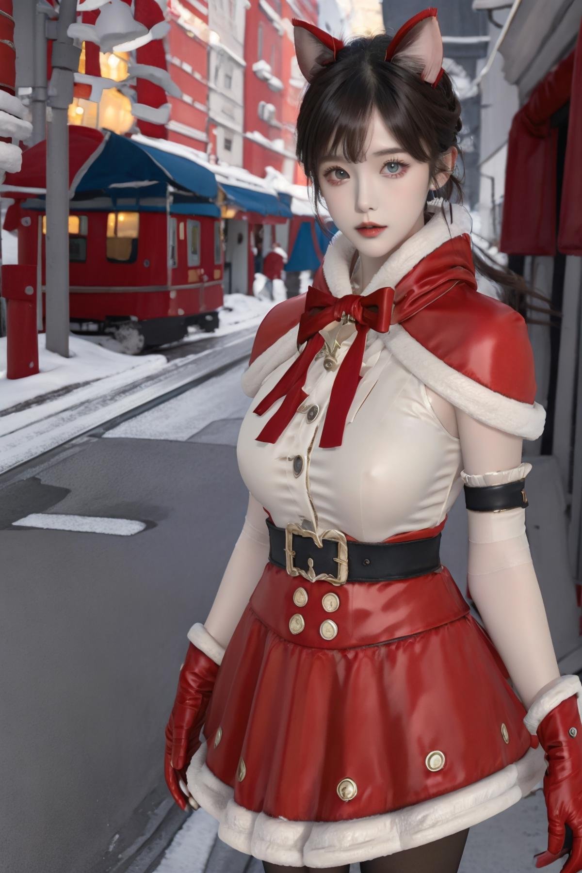 masterpiece,ultra detailed,1 female,solo,realistic,<lora:7mix2:0.7>,7mix2,<lora:Christmas oufit-000007:0.8>,Christmas oufit,capelet,cat ears,neck bell,gloves,pantyhose,outdoors,