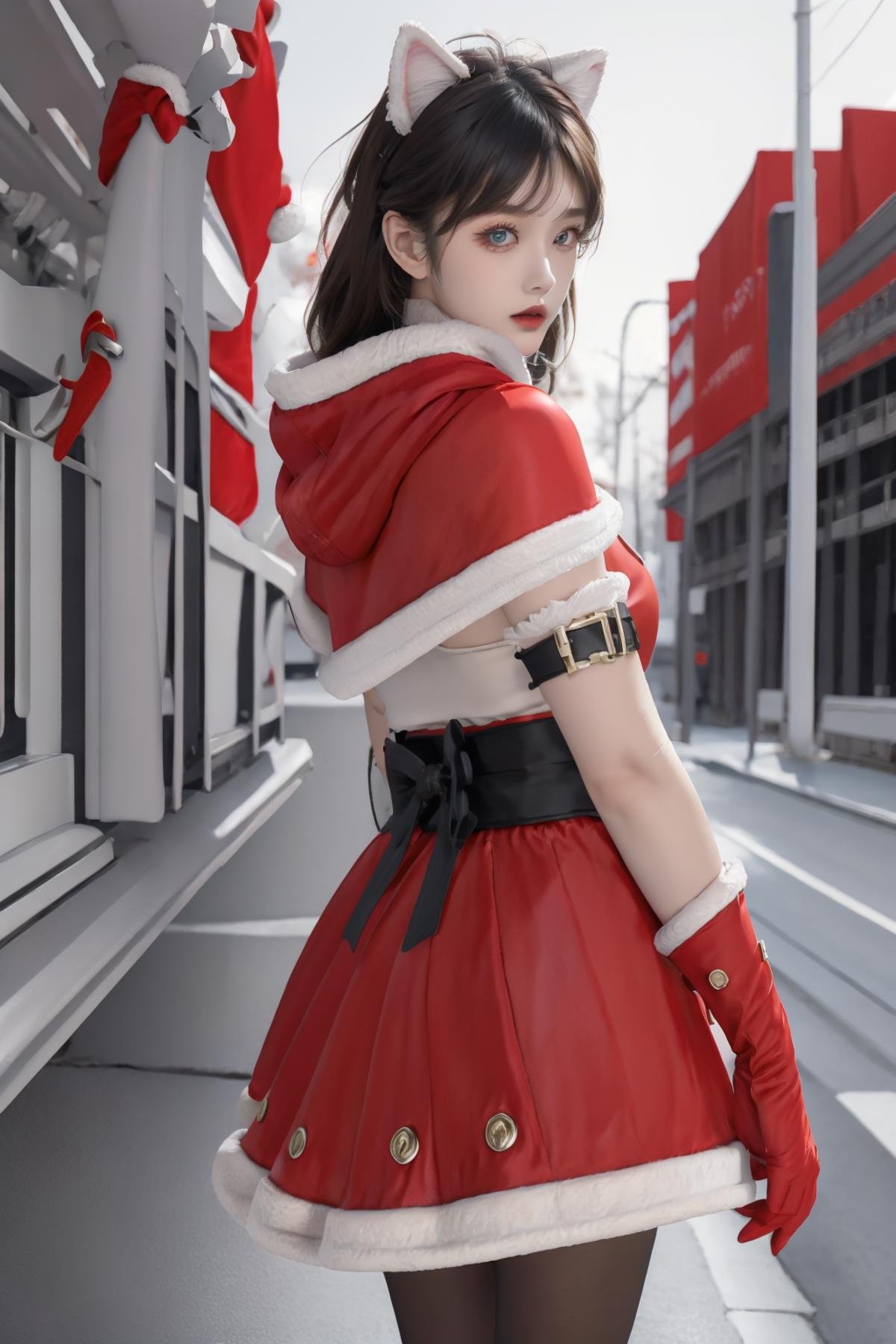 masterpiece,ultra detailed,1 girl,solo,realistic,<lora:7mix2:0.7>,7mix2,<lora:Christmas oufit:0.7>,Christmas oufit,capelet,hood,cat ears,gloves,Sleeve garter,thick thighs,pantyhose,outdoors,from from behind, looking back, 