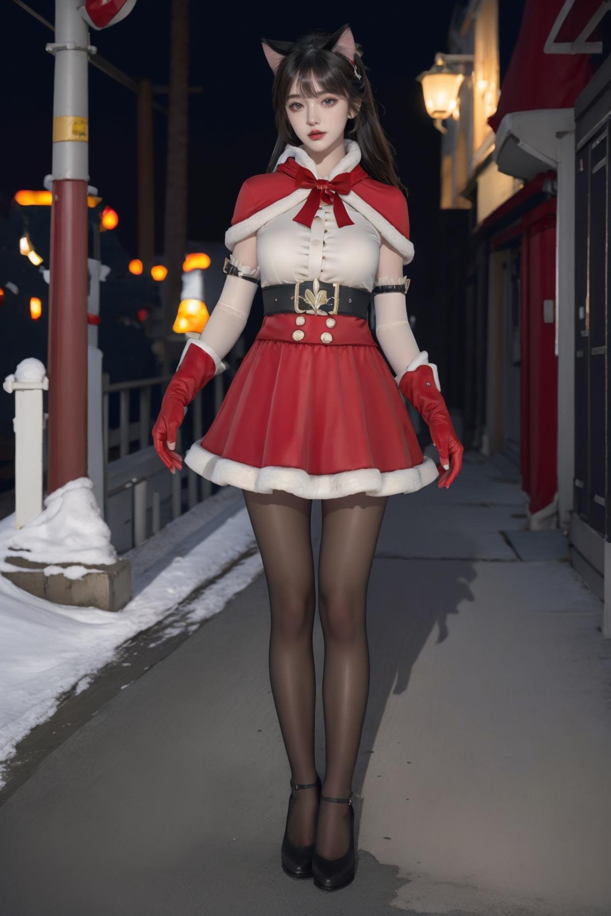 masterpiece,ultra detailed,1 girl,full body,solo,realistic,<lora:7mix2:0.7>,7mix2,<lora:Christmas oufit-000007:0.7>,Christmas oufit,capelet,cat ears,gloves,thick thighs,pantyhose,standing,outdoors,