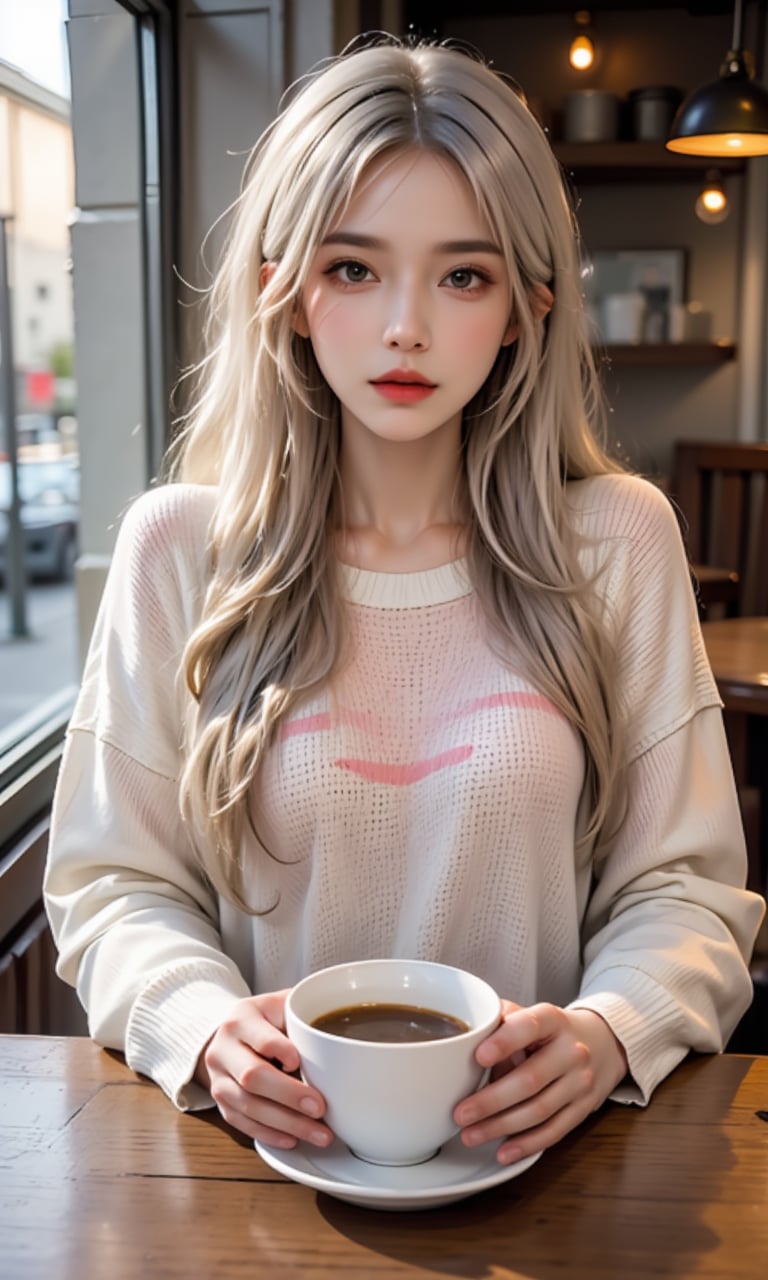 A photorealistic image of a woman in her late 20s with long blonde hair, sitting at a cozy coffee shop table. She is wearing a pastel-colored sweater, holding a cup of coffee with both hands. Her expression is peaceful and content, with soft morning light filtering through the window.ntgirl