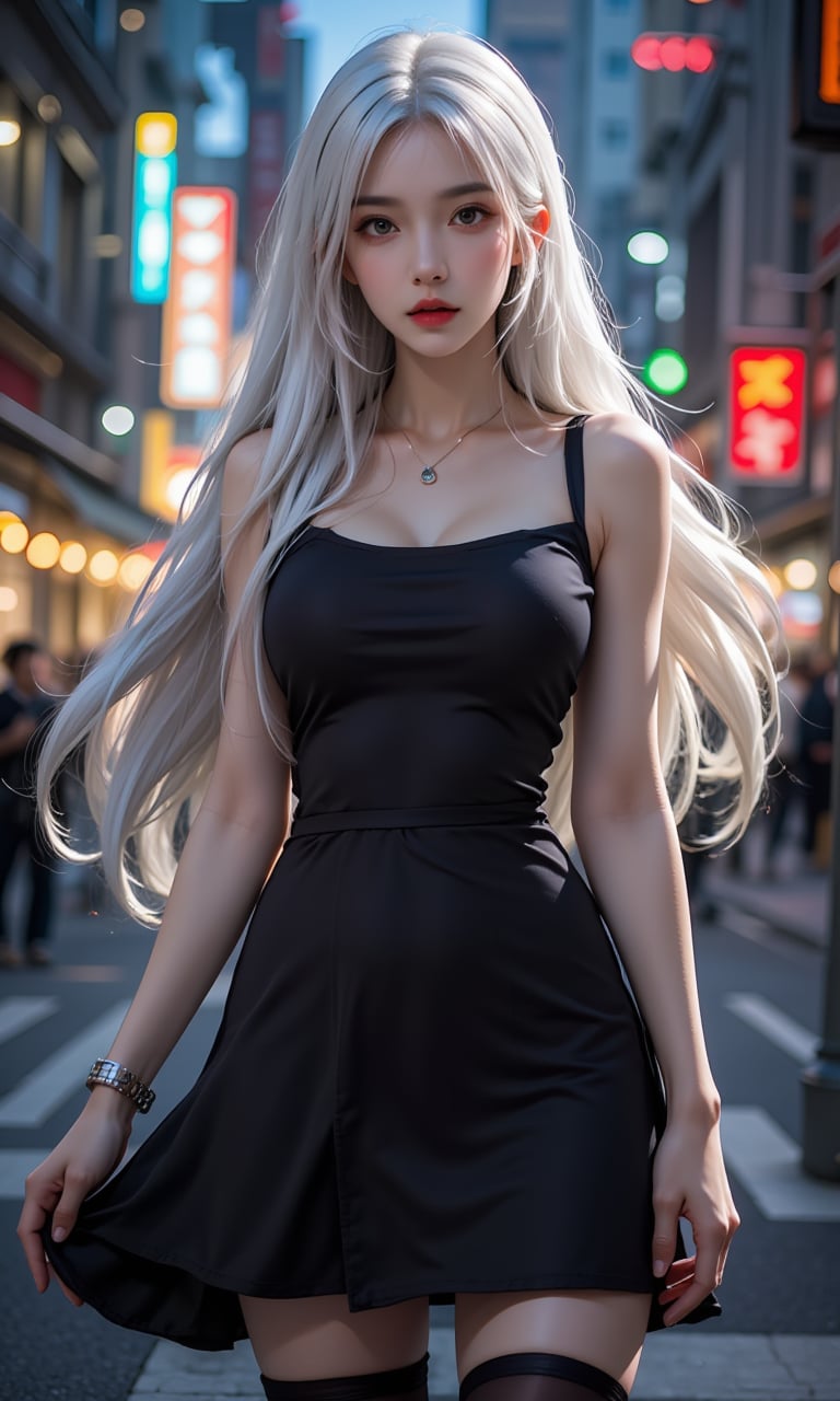 Woman,dress,thighhighs,hongkong street,white hair,night,ntgirl