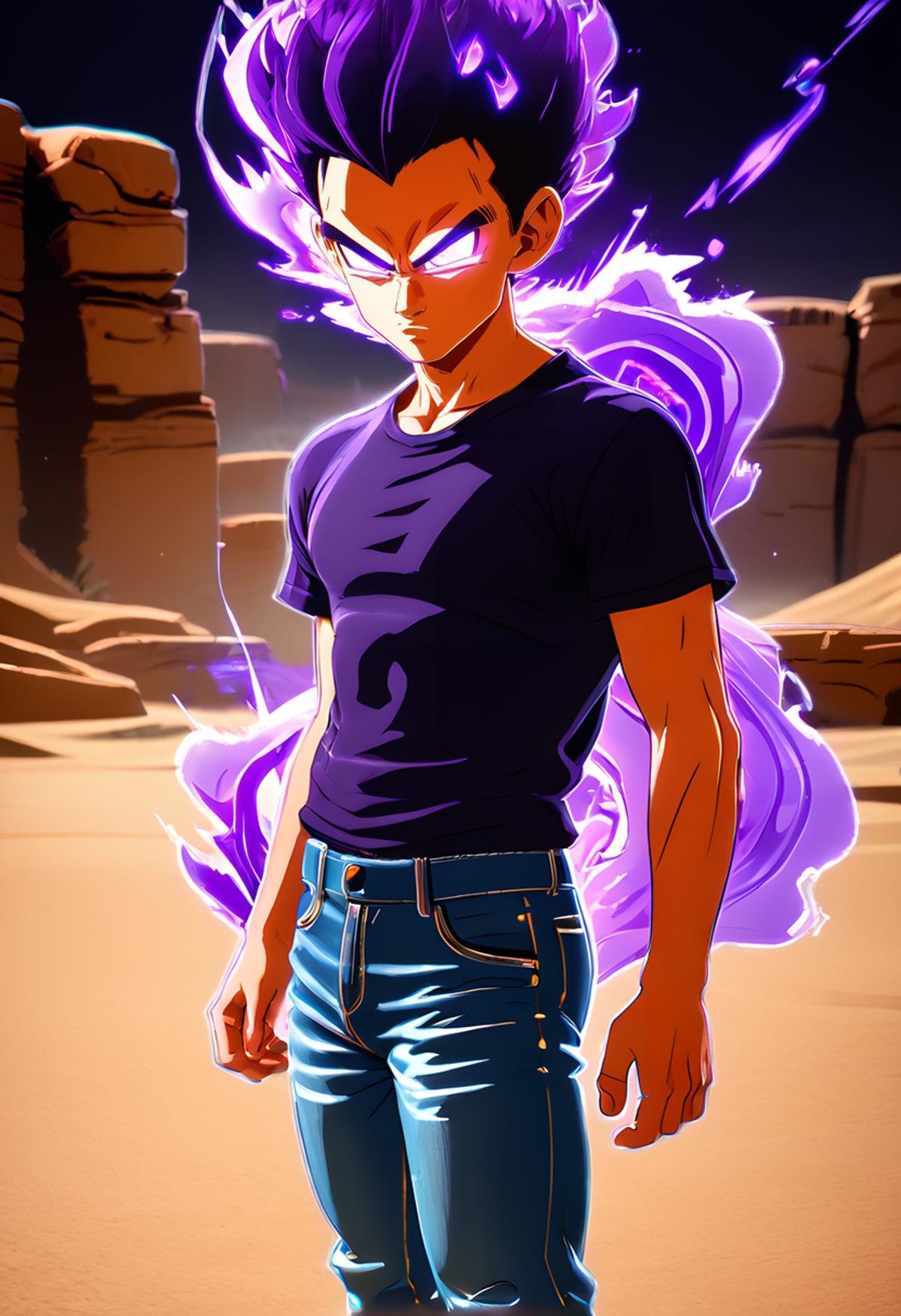 score_9, score_8_up, score_8, <lora:Sparking_Zero_Style_for_PonyXL:0.8> sp4rk1ngz3r0, 1boy, jeans, shirt, solo,  aura, glowing eyes, serious, outdoors, desert, purple aura, chromatic aberration