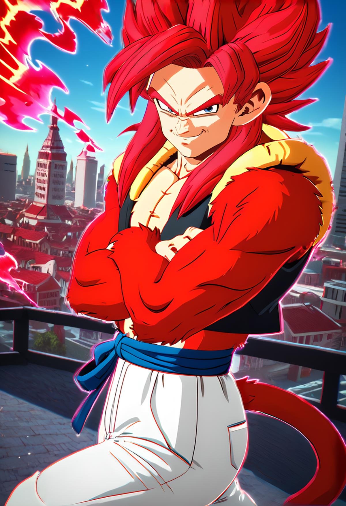 score_9, score_8_up, score_8, city,  <lora:Sparking_Zero_Style_for_PonyXL:0.8> sp4rk1ngz3r0, chromatic aberration, detailed background, <lora:SSJ4_Gogeta_Pony:0.8>gogeta_ssj4, male focus, solo, body fur, red hair, monkey tail, smirk, red fur, white pants, aura, 