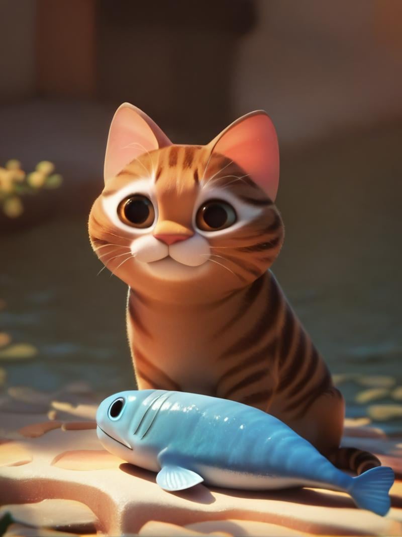 score_9, score_8_up, score_7_up, score_6_up, cat sitting near to a fish, cute, cartoon, cowboy shot, dynamic angle, no humans, animal, <lora:DisneyStudios_style:1> DisneyStyleXLP