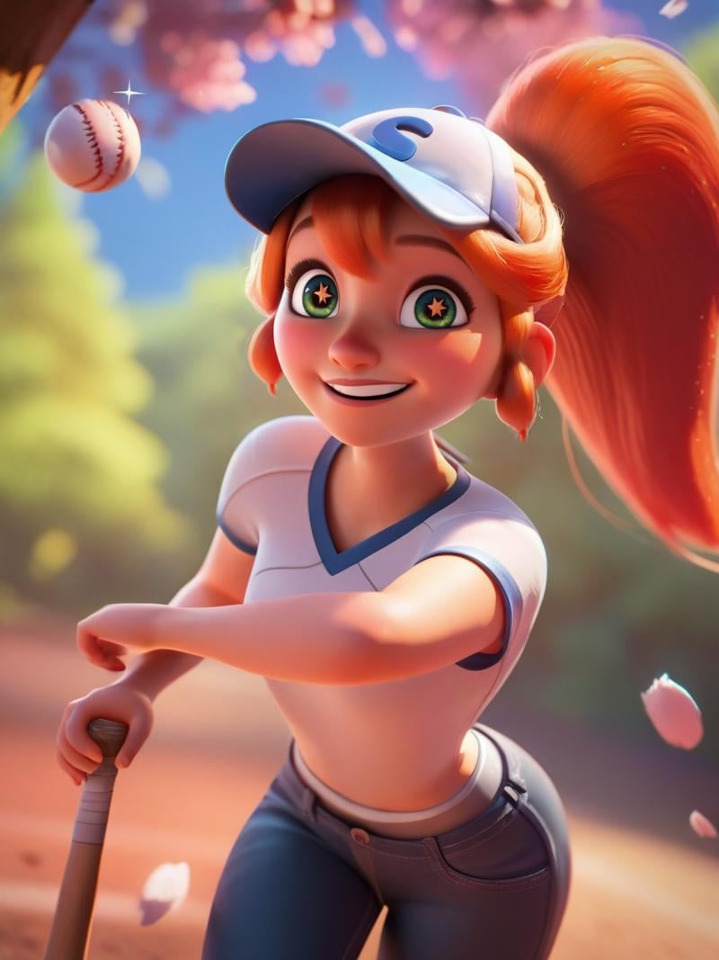 score_9, score_8_up, score_7_up, score_6_up, 1girl holding a baseball bat, cap, red hair, ponytail, looking at viewer, dynamic angle, cowboy shot, cute, cartoon, cute pose, smile, blush, wide shot, sparkling eyes, magic vibes, bangs, floating hair, outdoors, vegetation, trees, <lora:DisneyStudios_style:0.8> DisneyStyleXLP