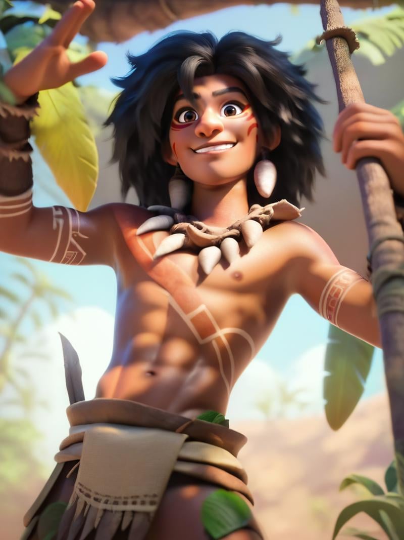 score_9, score_8_up, score_7_up, score_6_up, 1boy holding a lance, tribal tattoom, tribal clothes, jungle, a lot of vegetation, looking at looking at viewer, smile, cute, cartoon, cowboy shot, dynamic angle, epic pose, from below, skinny, dark skin, black hair, <lora:DisneyStudios_style:1> DisneyStyleXLP