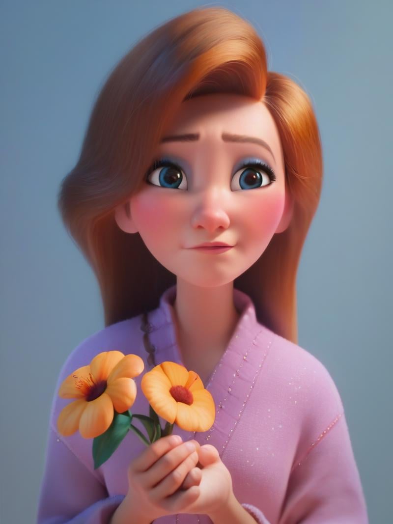 score_9, score_8_up, score_7_up, score_6_up, girl holding a flower, cute, cartoon, looking at viewer, cowboy shot, dynamic angle, cute pose, floating hair, blush, makeup,  <lora:DisneyStudios_style:1> DisneyStyleXLP