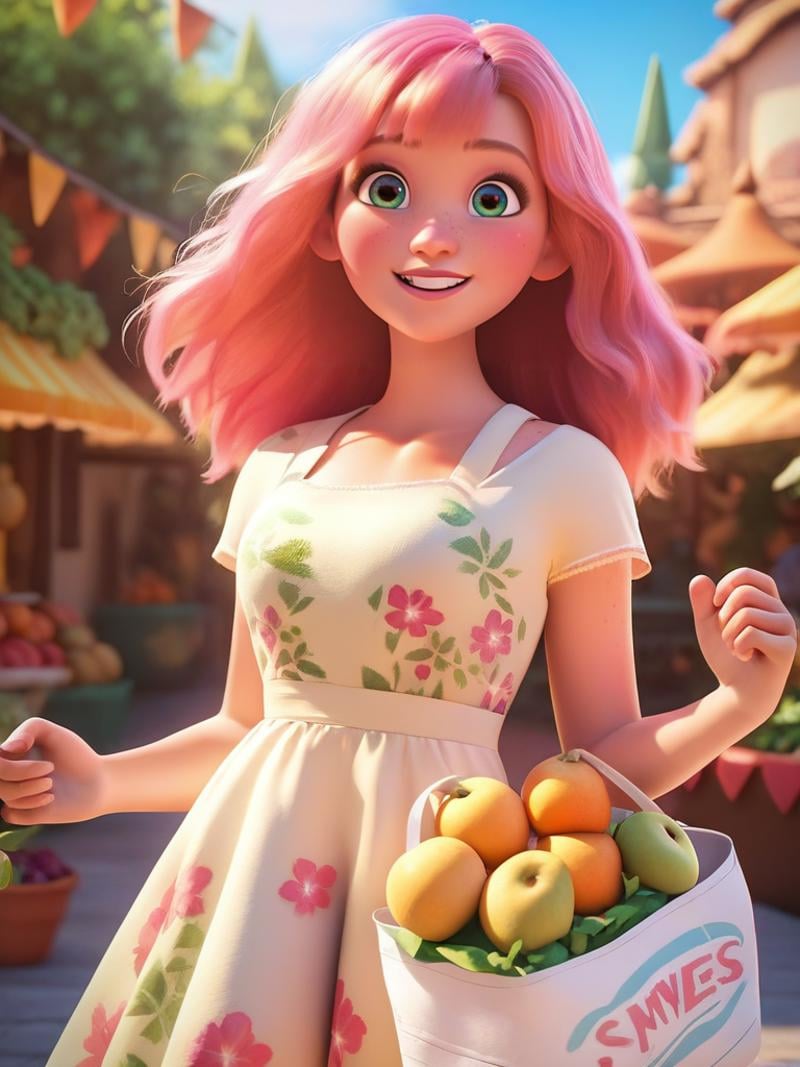 score_9, score_8_up, score_7_up, score_6_up, 1girl, freckles, holding shopping bag, pink hair, sundress, floral print, looking at viewer, dynamic angle, cowboy shot, cute, cartoon, epic pose, smile, blush, wide shot, cute eyes, magic vibes, bangs, floating hair, outdoors, detailed background, cinematic, shops, fruits, market, <lora:DisneyStudios_style:0.8> DisneyStyleXLP