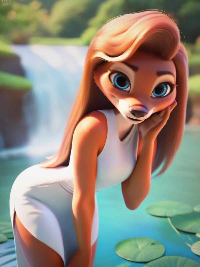 score_9, score_8_up, score_7_up, score_6_up,  Furry fox girl swimming on a lake next to a waterfall, (white dress), leaning forward, cute pose,  smile, blue eyes, red long hair,  looking at viewer, cute, cartoon, detailed landscape, cowboy shot, <lora:DisneyStudios_style:1> DisneyStyleXLP 