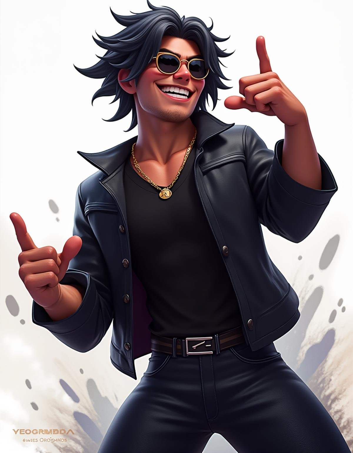 Cartoon rockstar boy, black jacket, cool, from side, leaning forward, epic pose, muscular, evil smile, splash art, black hair, sunglasses, shirt, pants, DisneyStudio, u can se her hips, <lora:Disney-Studios-Flux-000008:0.6>