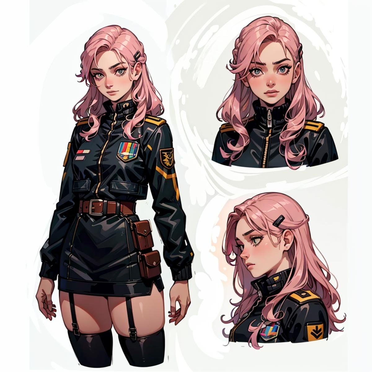 (CharacterSheet:1), 1girl, (straight pink hair, long hair, hair clip, black uniform, black thighhighs, skinny, pilot jacket), (aviator uniform, military), fight pose, (multiple views, full body, upper body, reference sheet:1),(simple background, white background),(masterpiece:1.2), (best quality, highest quality), (ultra detailed), (8k, 4k, intricate),(full-body-shot), (Cowboy-shot:1.4), (50mm), (highly detailed:1.2),(detailed face:1.2), detailed_eyes,(gradients),(ambient light:1.3),(cinematic composition:1.3),(HDR:1),Accent Lighting,extremely detailed,original, highres,(perfect_anatomy:1.2),<lora:CharacterDesign_Concept-10:0.5>