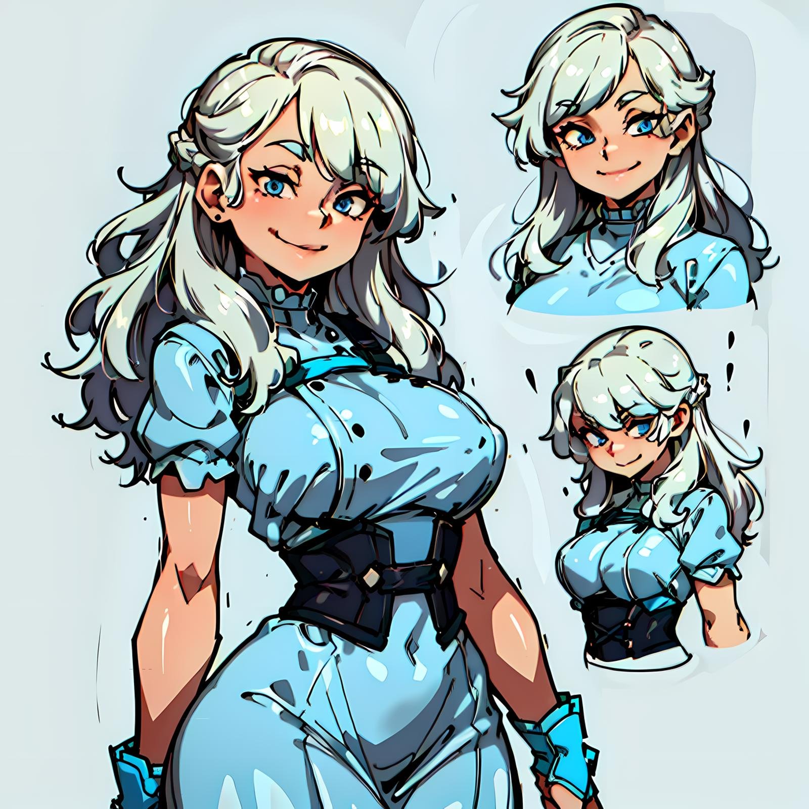 (CharacterSheet:1), 1girl, (white wavy hair, blue eyes:1.3), (simple dress, big breast, very curvy, light smile, hair bang:1.3), cute pose, (milf), (multiple views, full body, upper body, reference sheet:1),(simple background, white background),(masterpiece:1.2), (best quality, highest quality), (ultra detailed), (8k, 4k, intricate),(full-body-shot), (Cowboy-shot:1.4), (50mm), (highly detailed:1.2),(detailed face:1.2), detailed_eyes,(gradients),(ambient light:1.3),(cinematic composition:1.3),(HDR:1),Accent Lighting,extremely detailed,original, highres,(perfect_anatomy:1.2), <lora:CharacterDesign_Concept-10:0.5>