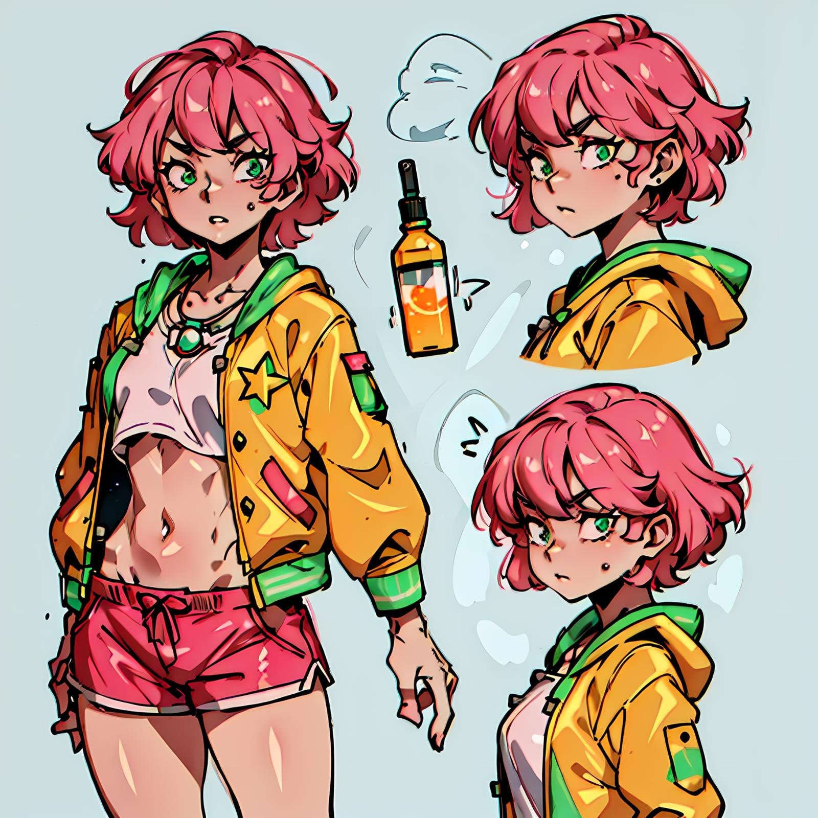 (CharacterSheet:1), 1girl, (pink short hair:1.3), (orange jacket, red shorts, bangs, white shirt, green pendant, red shoes, green eyes), fight pose,  (multiple views, full body, upper body, reference sheet:1),(simple background, white background),(masterpiece:1.2), (best quality, highest quality), (ultra detailed), (8k, 4k, intricate),(full-body-shot), (Cowboy-shot:1.4), (50mm), (highly detailed:1.2),(detailed face:1.2), detailed_eyes,(gradients),(ambient light:1.3),(cinematic composition:1.3),(HDR:1),Accent Lighting,extremely detailed,original, highres,(perfect_anatomy:1.2), <lora:CharacterDesign_Concept-10:0.5>