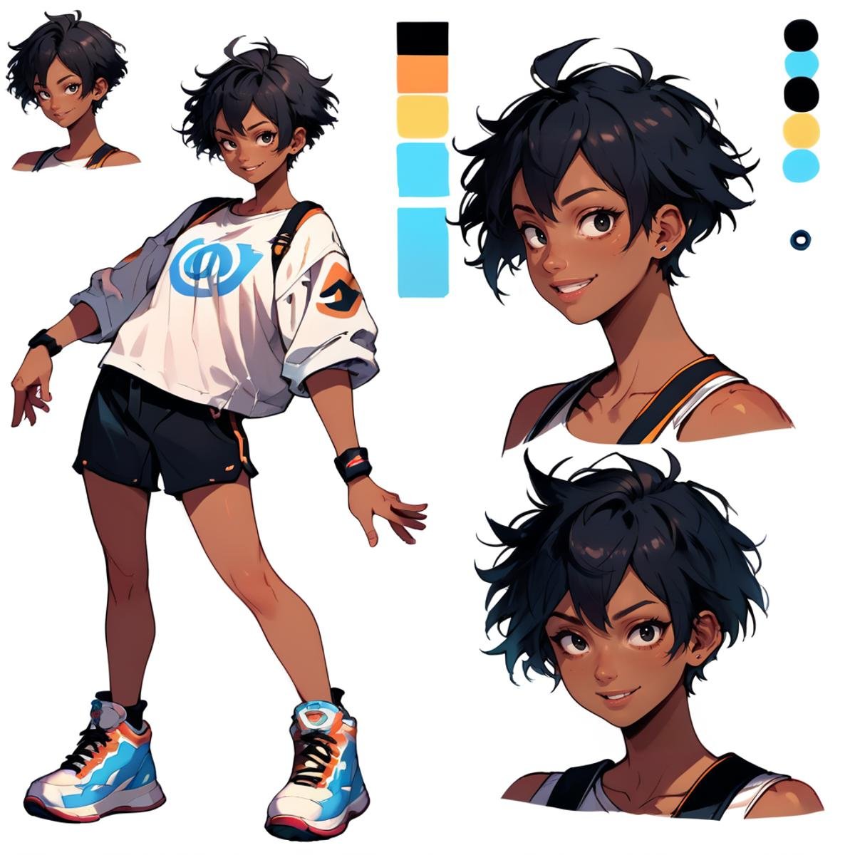 score_9, score_8_up, score_7_up, score_6_up, (CharacterSheet:1), tomboy, dark skin, short hair, shorts, white shirt, band, happy, black eyes, simple black background, dynamic pose, sexy, reference sheet, (full body, from side, front:1.1), upper body, cartoon, CharacterDesignXL <lora:XLPCharacterDesign_Concept-10V2:0.8>