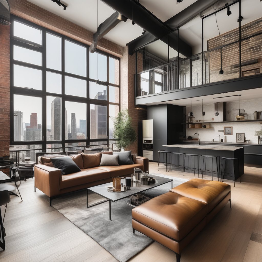 A spacious industrial loft apartment, large open living area with exposed brick walls and high ceilings, vintage leather sofa and modern art pieces, large kitchen with stainless steel appliances, wide windows with city skyline views, moody lighting, stylish and eclectic, hd quality, urban and chic, raw yet polished design 