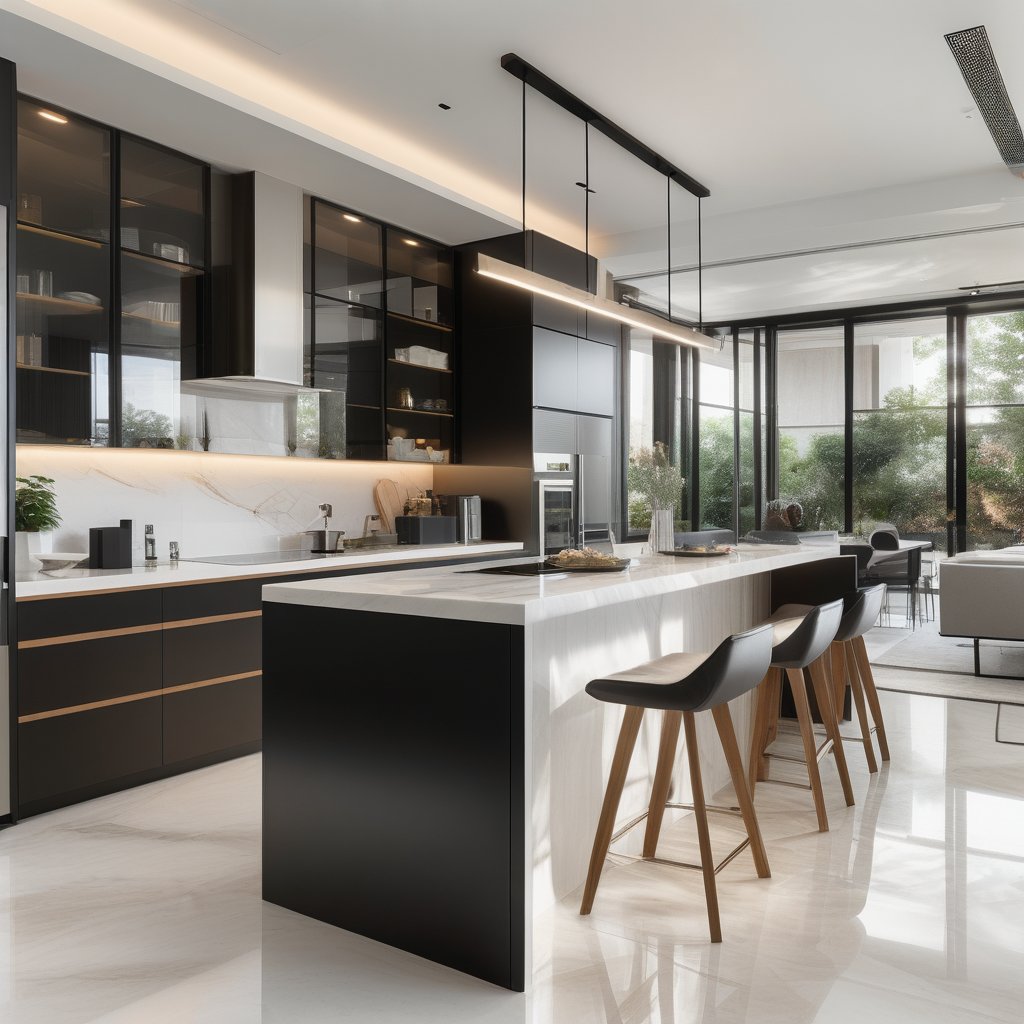 A sleek modern kitchen interior, large island with white marble countertop, glossy black cabinets, stainless steel appliances, under-cabinet lighting, wooden bar stools, minimalistic design, open layout with large windows, soft natural light, stylish and clean, hd quality, contemporary decor, high-end finish, spacious and airy